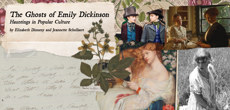 Ghosts of Emily Dickinson cover image including Dickinson manuscript, Hailee Steinfeld as Dickinson, Taylor Swift in nap dress, and Molly Shannon as Dickinson